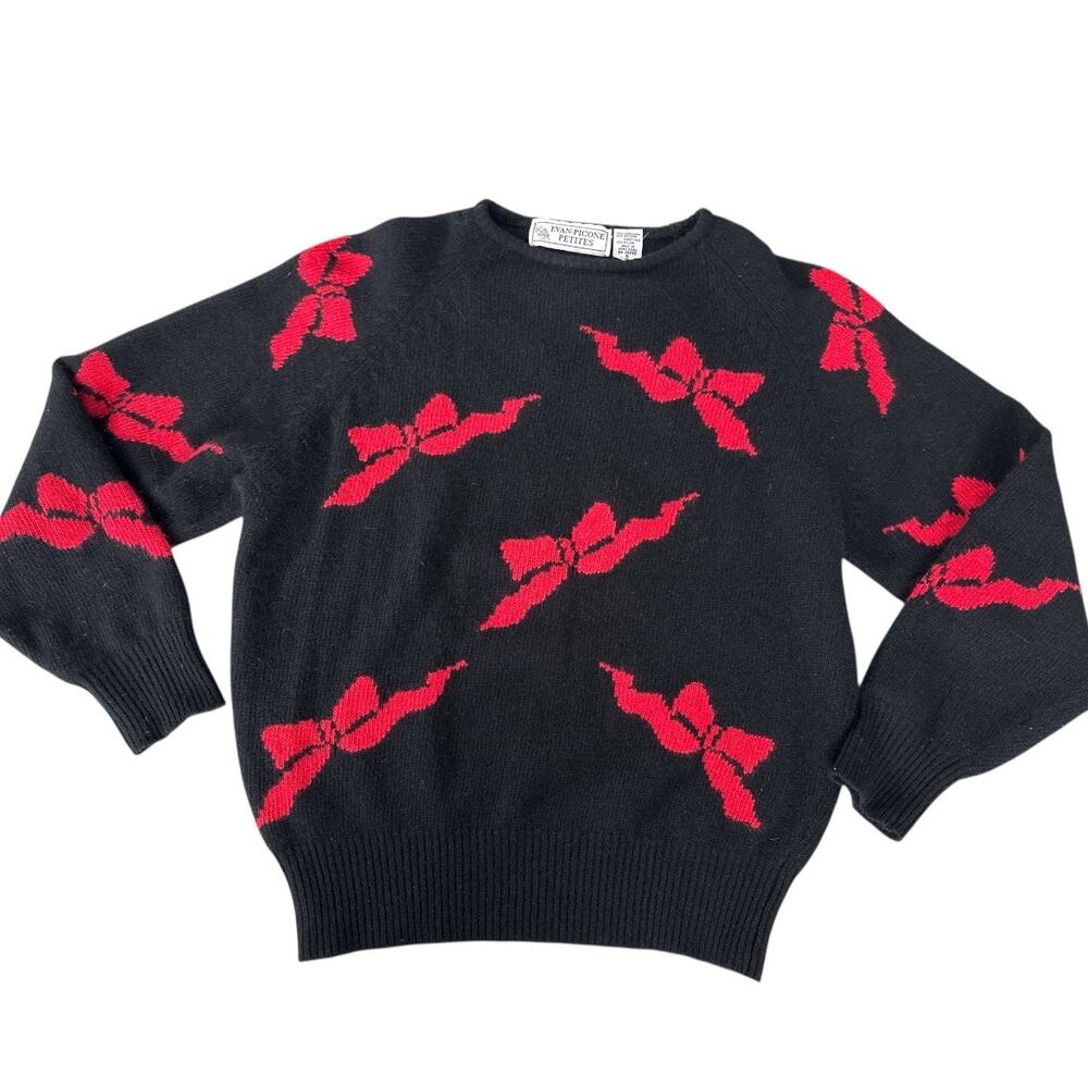 Vintage Bow Lambswool Angora Black Red Knit Sweater S Holiday Dark Coquette Goth